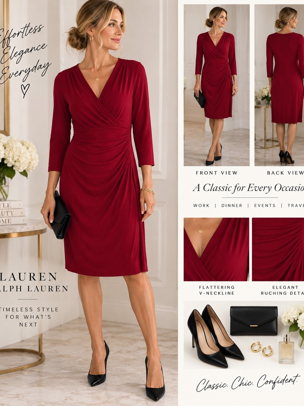 Lauren Ralph Lauren Red Ruched Faux Wrap Dress Size 8